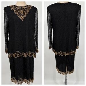 Vintage Black Gold XL Sequin Beaded‎ Sheer Sleeve Cocktail Party Dress Occasion